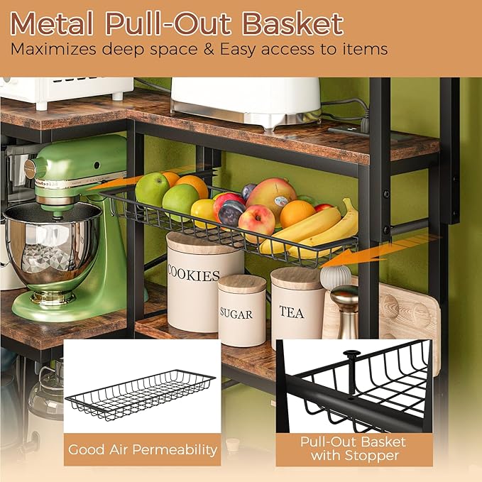 L-Shaped Bakers Rack with Power Outlet, 4-Tier Corner Microwave Stand with - Image 3