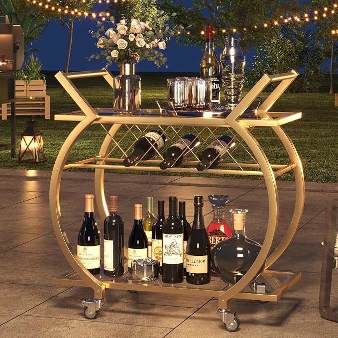 LVB Gold Bar Cart with Glass, Bar Cart with Wheels, Wine Cart with 2 Tier - Image 6
