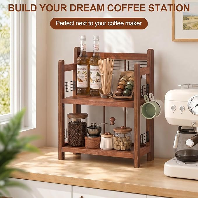 No-Assembly Coffee Bar Organizer, 2-Tier Coffee Station Shelf | Foldable Oak - Image 3
