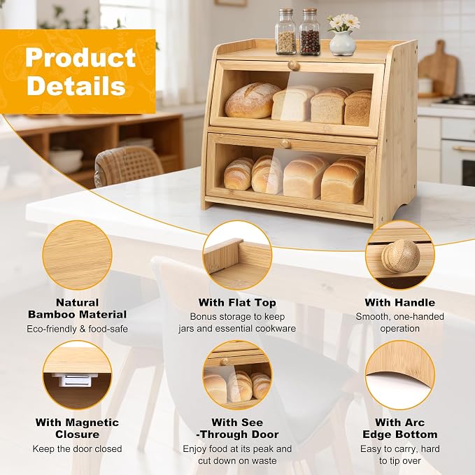 Bamboo Double Layer Bread Box for Kitchen Counter - Image 4