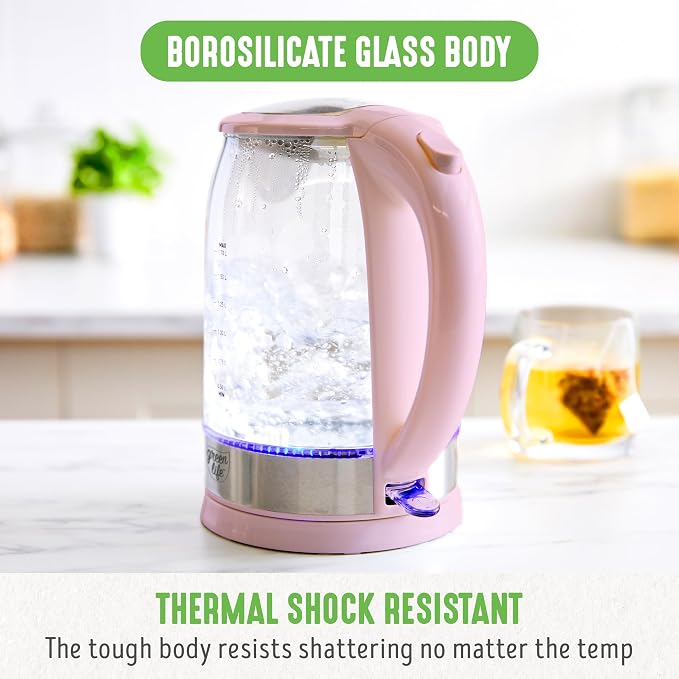 GreenLife 1.7 Liter Glass Electric Kettle, Easy One Touch Use, Quick Heating - Image 5