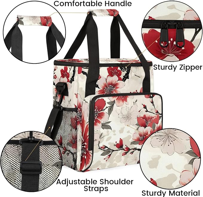 Cherry Blossom Red Pink Floral Coffee Maker Carring Bag, Large Insulated - Image 6