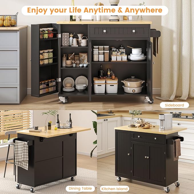 Bigbiglife Kitchen Island with Drop Leaf, Island Table on Wheels with Storage - Image 4