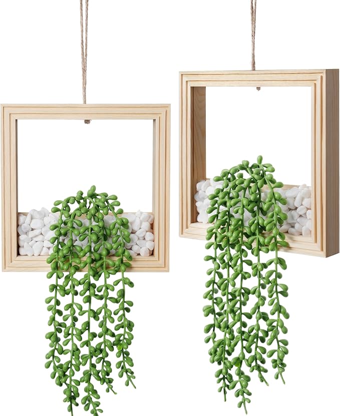 2 Pack Fake Plants Hanging, Artificial Succulents Plants in Square Wooden Frame by FancyPlus