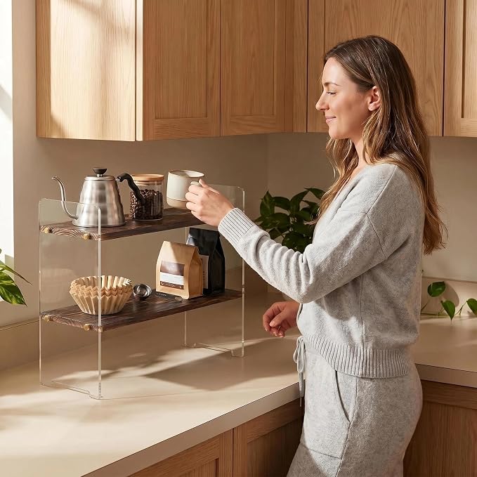 Coffee Station Organizer 2 Tier, Solid Wood Mug Shelffor Coffee Bar, Matcha - Image 5