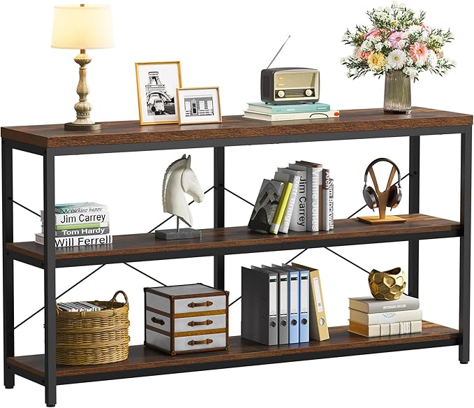 3-Tier Industrial Bookshelf, Wide Wood Horizontal Bookcase, Open Large Book by Semoic