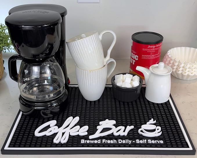 Brewed Fresh Daily Silicone Coffee Bar Mat 18x12 in, Self Serve Countertop by CALUVAR