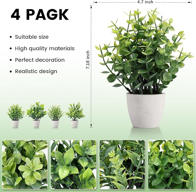 FAVOWREATH 4 Pack Fake Plants Ceramic Mini Artificial Greenery Potted Plants - Image 3