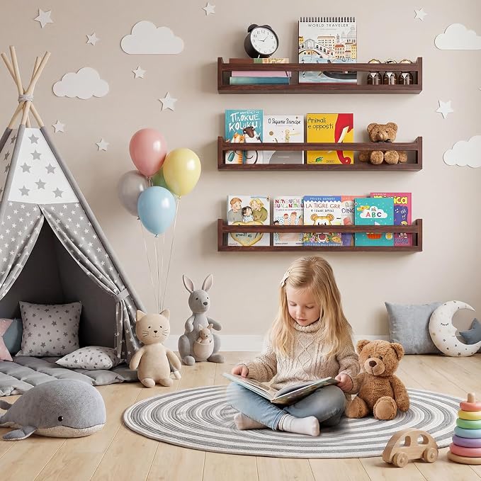 Floating Wall Nursery Book Shelves, 23.6 Inch, Walnut Color, Wall Mounted - Image 2