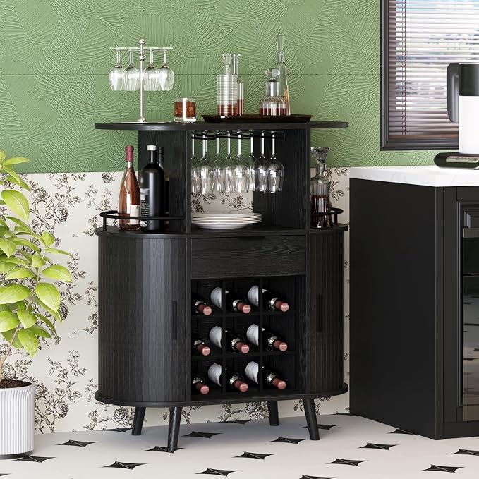 31.5" Home Bar Cabinet with Wine Rack, Industrial Coffee Bar Cabinet with - Image 4