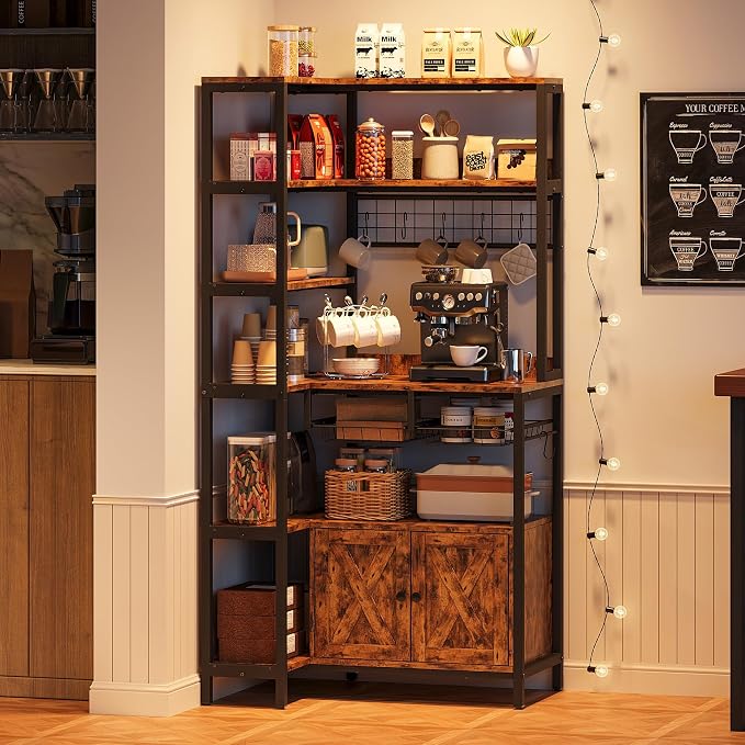 IRONCK Corner Bakers Rack with Power Outlet, Coffee Bar 6 Tier with Storage - Image 3