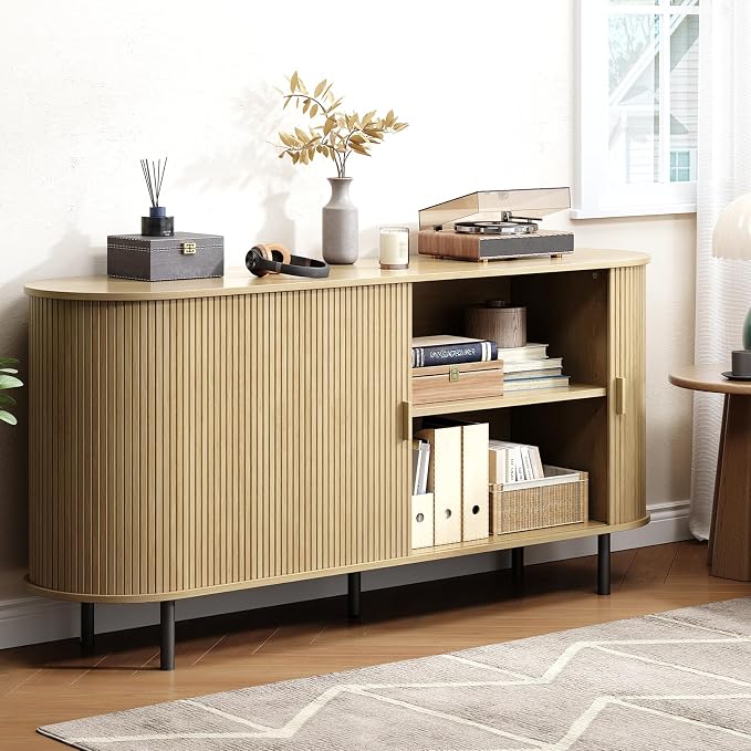 Buffet Cabinet with Storage, Fluted Sideboard Buffet with Sliding Door - Image 6