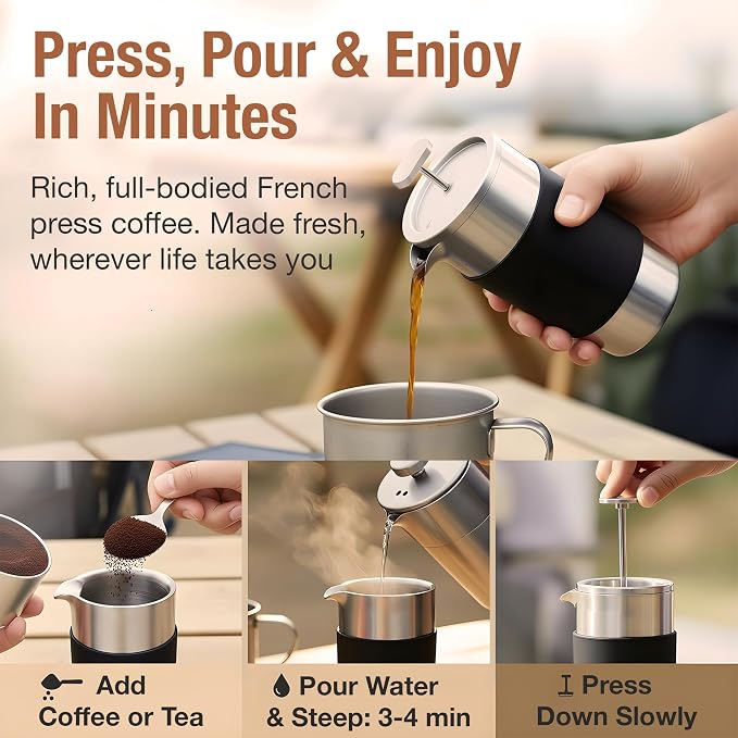Small French Press Coffee Maker Set - 12 oz | Portable Travel French Press - Image 4