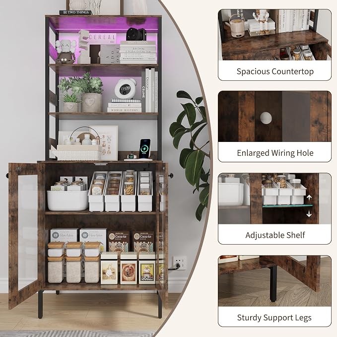 Kitchen Pantry Cabinet with LED Lights & Power Outlet, 66.9" H Kitchen Bakers - Image 3