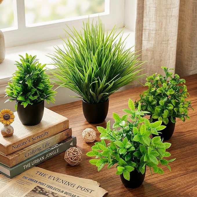 LOYWREE 4 Pack Mini Fake Plants Small Artificial Greenery Potted Plants in - Image 4