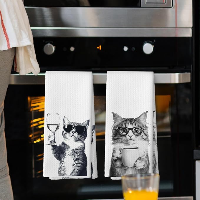 Funny Cat Kitchen Towels Set of 2, Funny Kitchen Decor, Coffee Station Wine Bar - Image 2