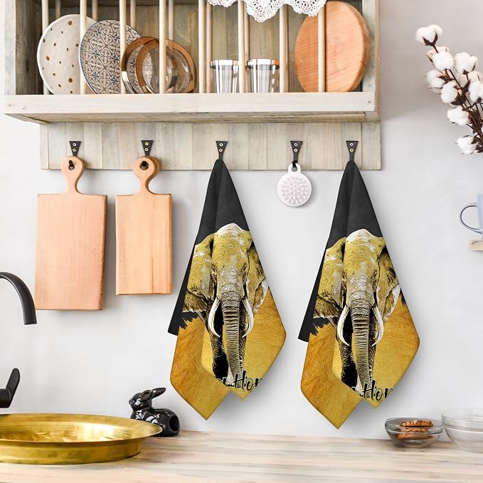 Elephant Kitchen Towels Decorative Set of 2, Absorbent Golden Dish Towels Black - Image 5