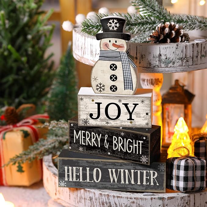 Lineshading 4 Pcs Snowman Christmas Table Decorations Black and White Wooden - Image 2