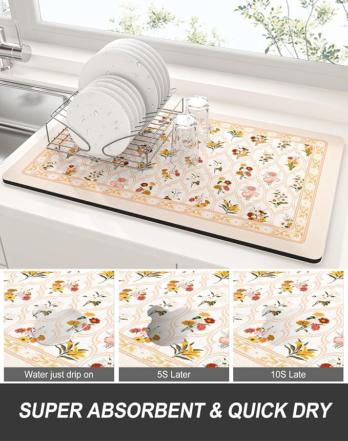 Rnivvi Dish Drying Mat for Kitchen Counter, XL 15 x 24" Cute Flower Theme - Image 3