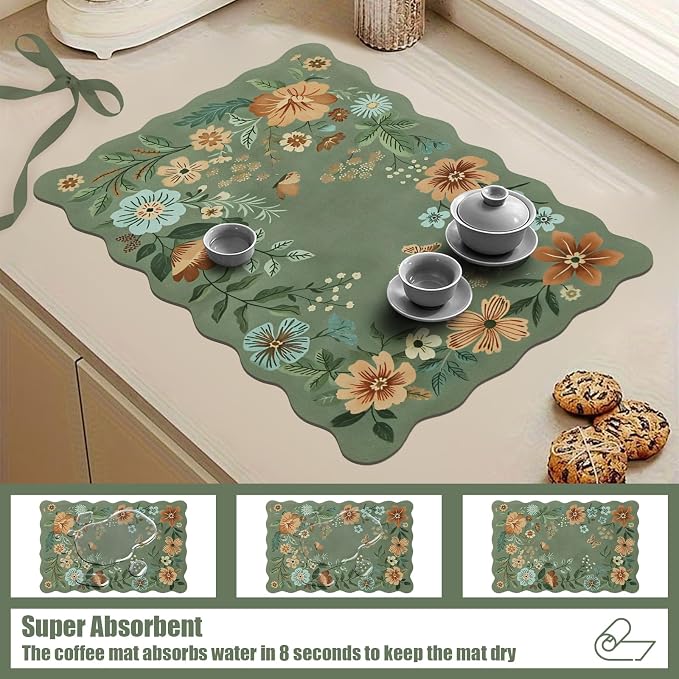 Scalloped Bohemian Boho Floral Flower Coffee Bar Mat Dish Drying Mats - Image 4