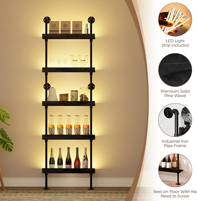 Wall Mounted Wine Rack with LED Light, LED Industrial Pipe Liquor Bar Shelves - Image 2