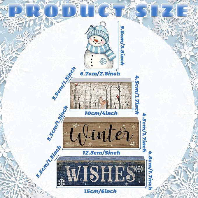 Lineshading 4 Pcs Snowman Christmas Table Decorations Blue and White Wooden - Image 3