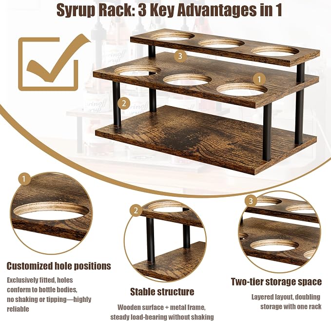 KLM Coffee Syrup Organizer, 2 Tier Wooden Small Display Shelf, Syrup Bottle - Image 5