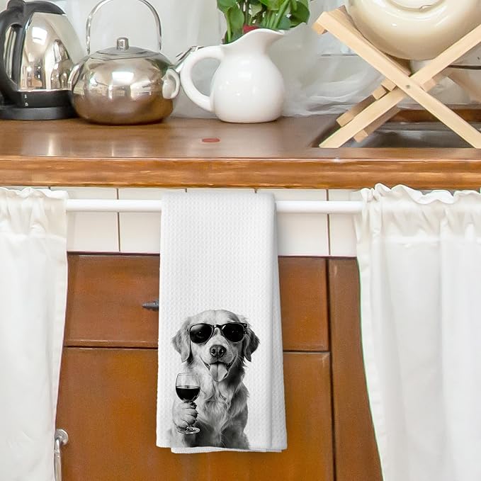 Funny Golden Retriever Wine Bar Kitchen Dish Towels, Dog Doxie Gifts - Image 2