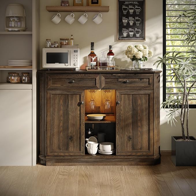 47" Wine Bar Cabinet with LED Light & Power Outlets, 2 Door Coffee Bar Cabinet - Image 8