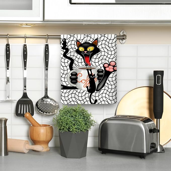 Coffee Cute Cat Kitchen Dish Towels Set of 2 Funny Hand Towels Soft Absorbent - Image 4