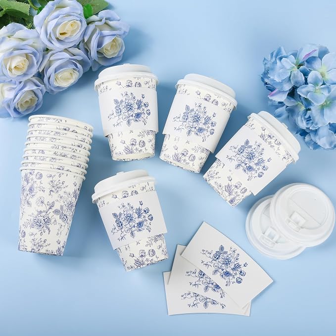 50Pcs Blue Floral Disposable Paper Coffee Cups - Image 7