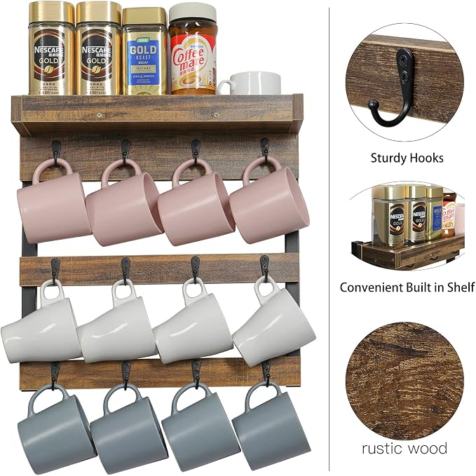 OROPY Coffee Mug Rack Wall Mounted, Rustic Wood Cups Rack - Image 4