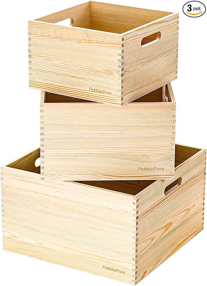 Set of 3 Large Wood Storage Crates, Fully Assembled, Seamless Dovetail by Unknown