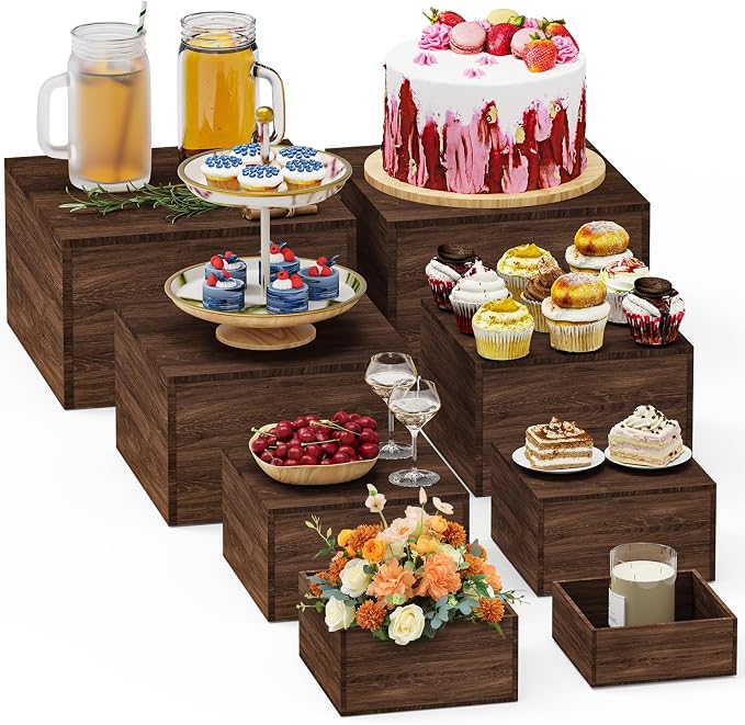 8 PCS Wooden Buffet Risers, Rustic Wood Cake Cupcake Stands, Square Food Risers by Unknown