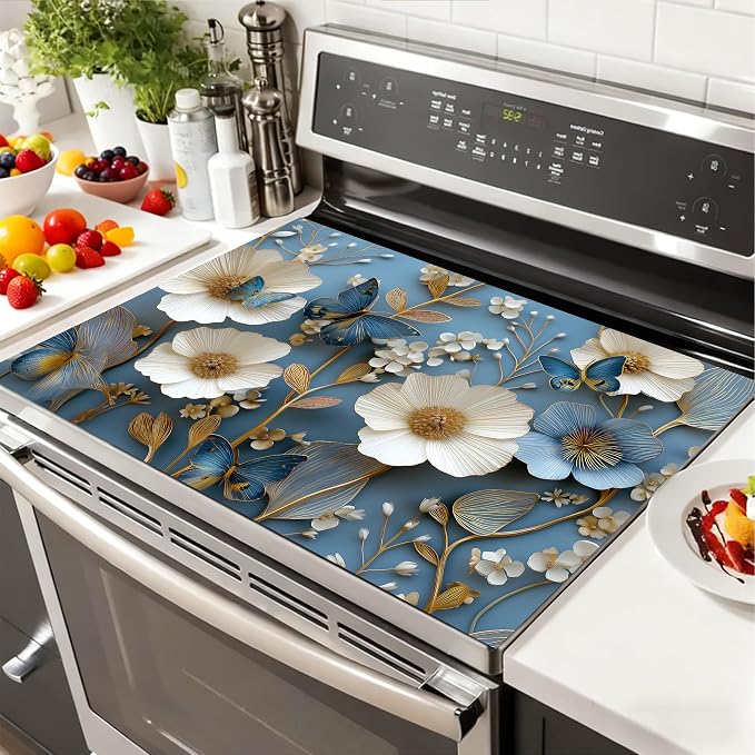 lue Butterfly Floral Stove Top Cover 28.3 x 20.5 Inches, Heat Resistant Glass by KKYEJLQYI