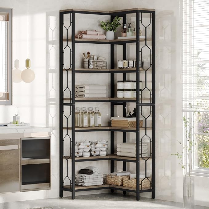 Tribesigns Corner Shelf, 7-Tier Industrial Corner Bookshelf, Wood and Metal - Image 4