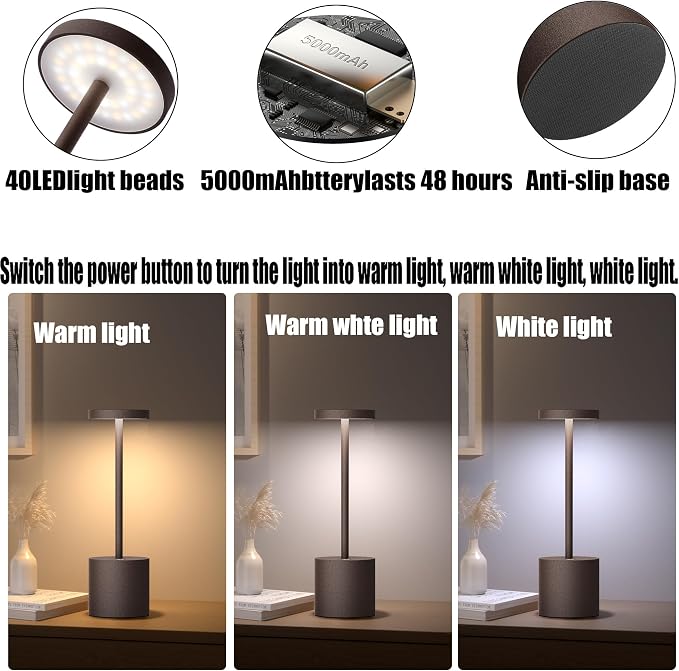 2Pack Cordless Table Lamp, Rechargeable LED Battery 5000mAh Metal USB Portable - Image 3