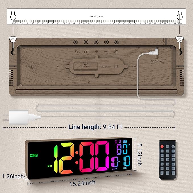 16.5" Large Digital Wall Clock: 11 RGB Color LED Display - Image 3