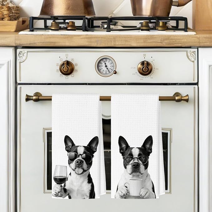 Funny Boston Terrier Kitchen Towels Set of 2, Dog Kitchen Bar Accessories - Image 2