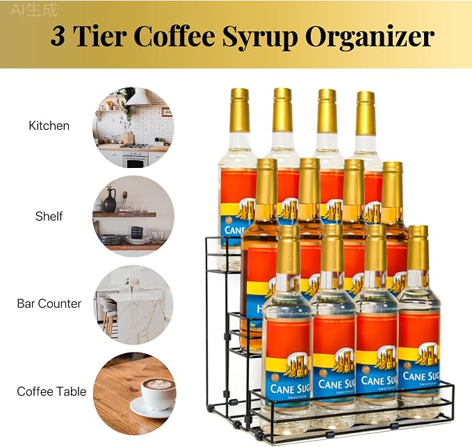 12 Bottles Coffee Syrup Rack Organizer, Coffee Syrup Stand Holder, 3 Tier - Image 5