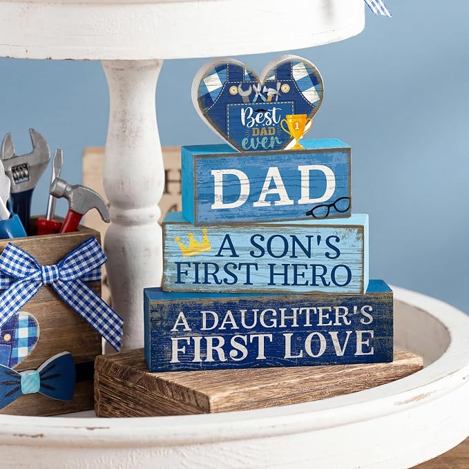 Lineshading 4 Pcs Fathers Day Table Decorations Wooden Blue Heart Trophy Decor - Image 6