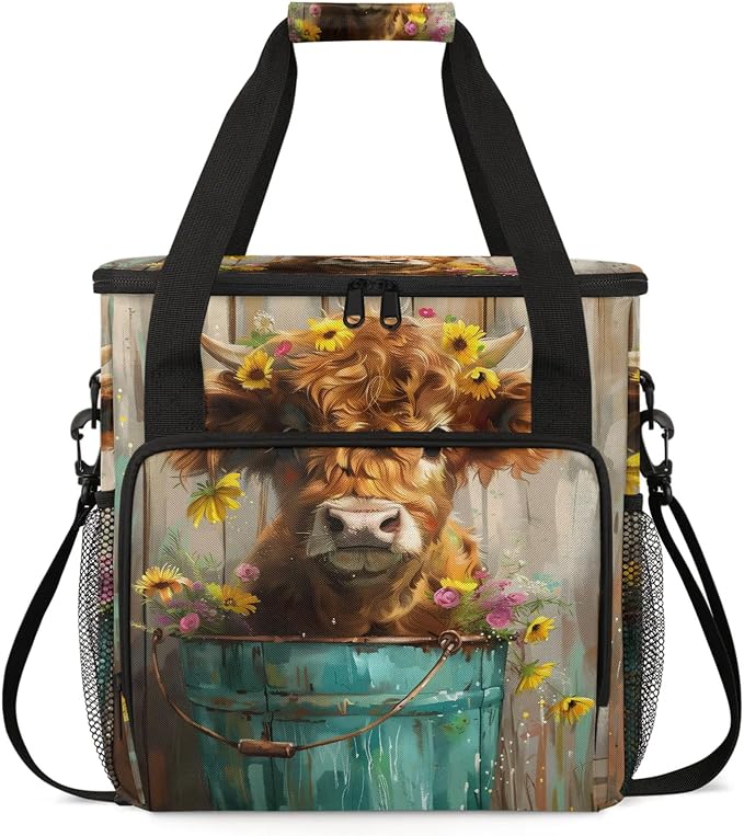 Highland Cow Wood Print Coffee Maker Carring Bag, Large Insulated Storage by Home