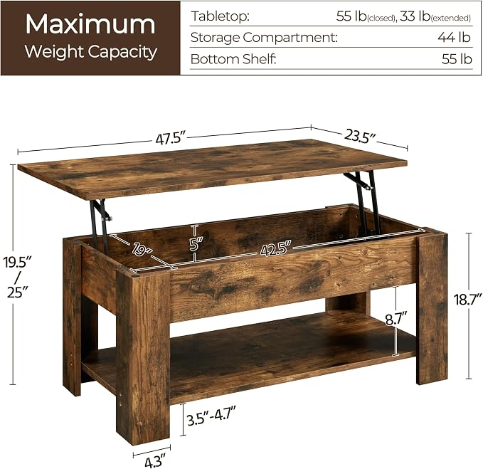 Yaheetech Coffee Table, 47.2in Lift top Coffee Table - Image 3