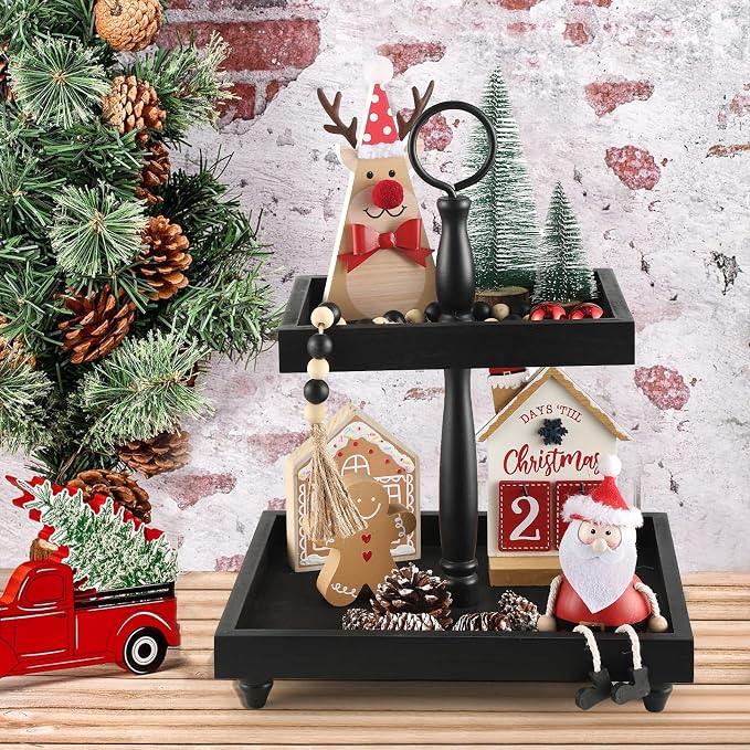 Tiered Tray Stand, Rustic Wooden 2 Tier Decorative Tray - Image 5