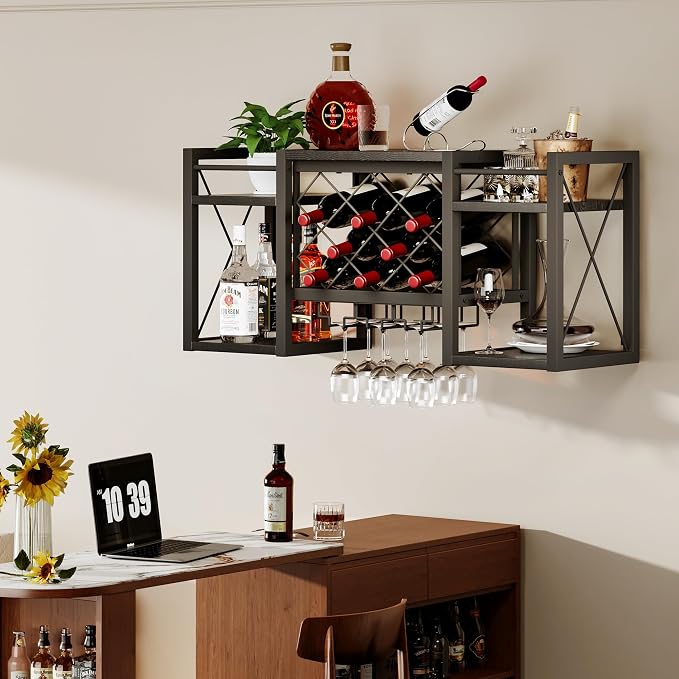Wall Mounted Wine Rack with Glass Holder, Wood-Metal Retro Bar Shelf, Wine - Image 3