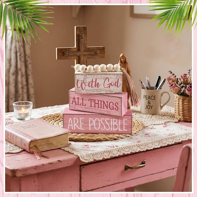 Yuntau 4 Pcs Farmhouse Tabletop Decor Wooden Rustic Inspirational Bible Verse - Image 3