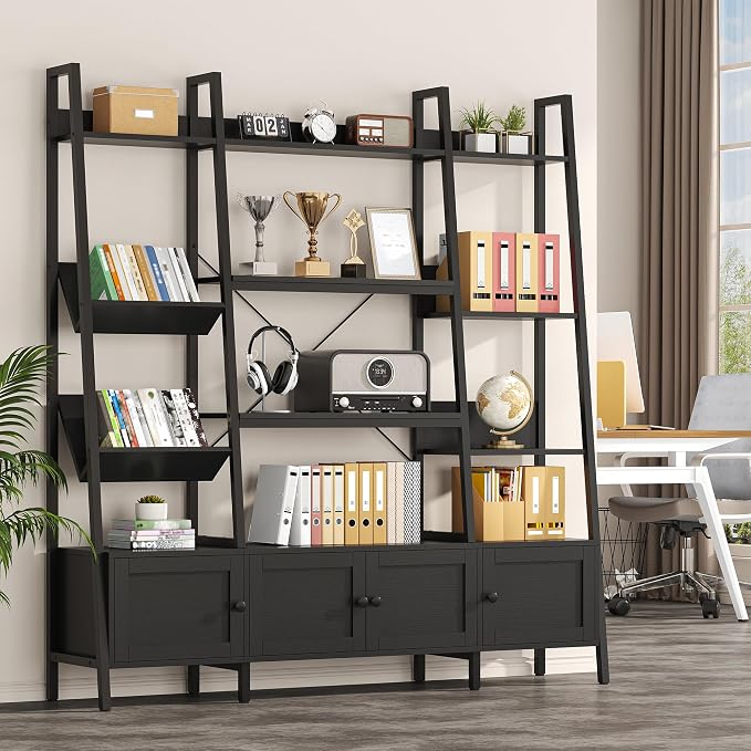 Ladder Bookshelves with 4 Doors, Triple Wide 4-Tier Large Open Bookshelf with - Image 4