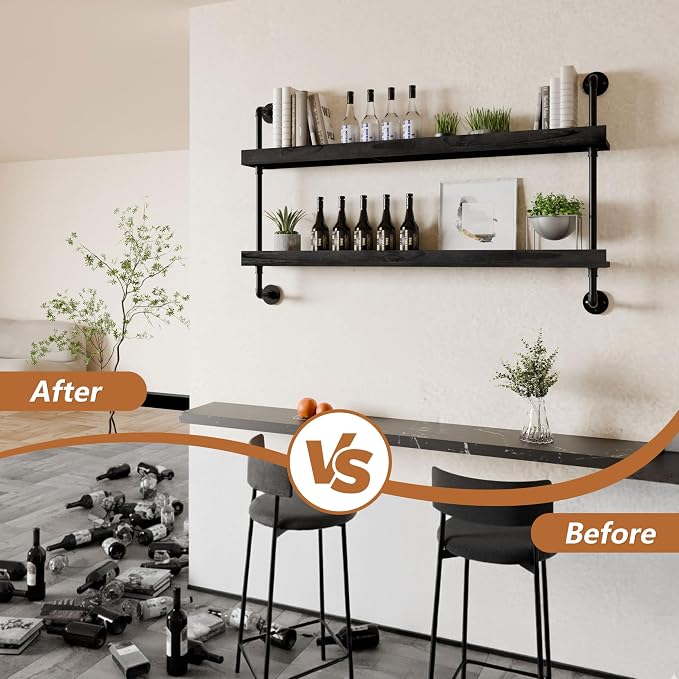 Industrial Wine Rack Wall Mounted, Solid Wood Shelf - Image 4