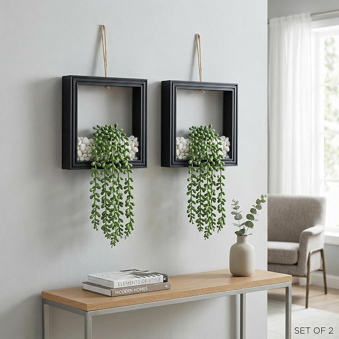 2 Pack Fake Plants Hanging, Artificial Succulents Plants in Square Wooden Frame - Image 6