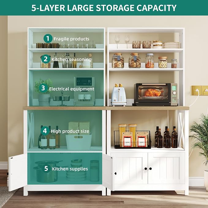 YITAHOME White Microwave Stand Bakers Rack Cabinet, Farmhouse Freestanding - Image 3